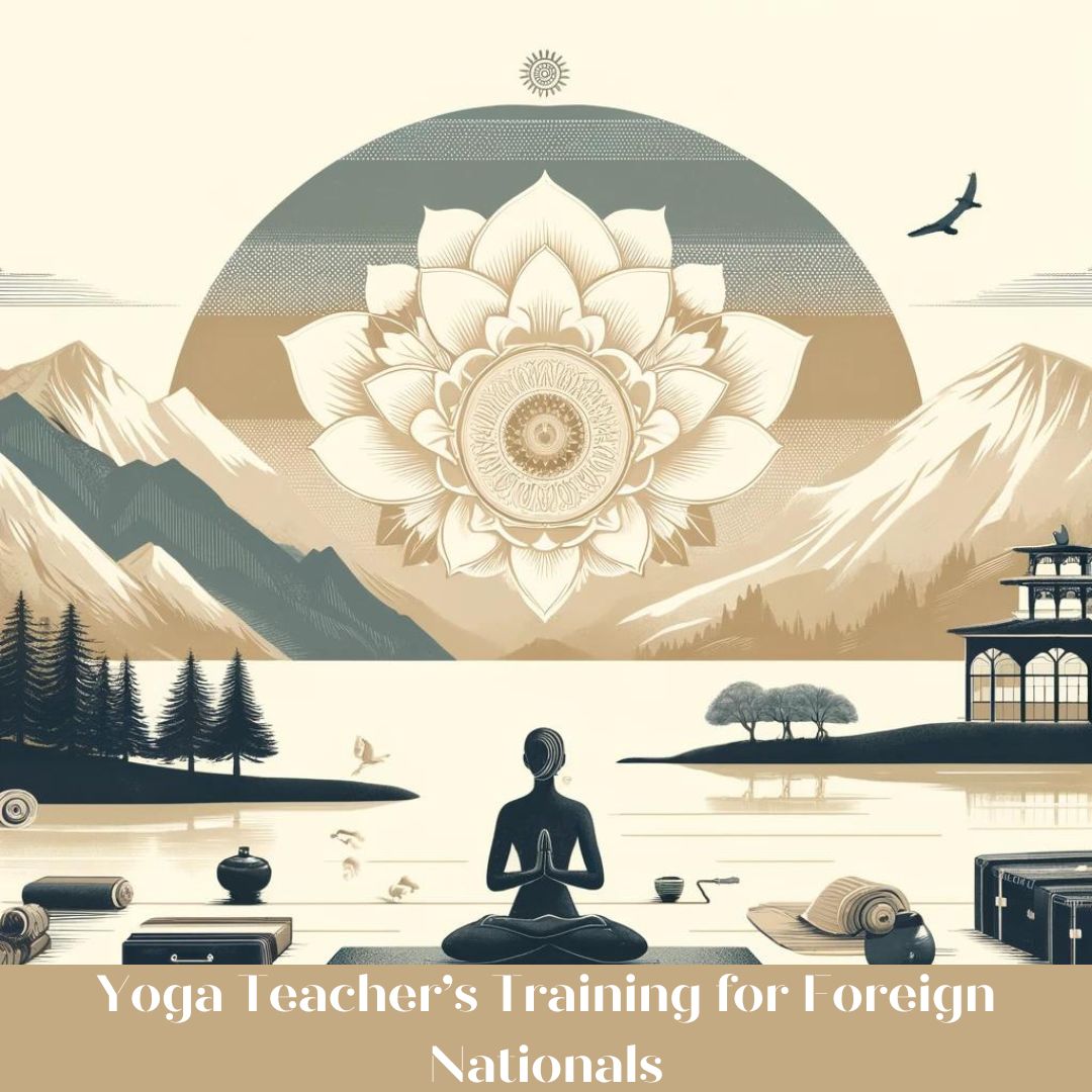A minimalist and serene illustration depicting a yoga teacher's training in India for foreigners, featuring a figure in a peaceful yoga pose with the majestic Himalayas in the background and traditional Indian motifs, all conveying a sense of calm, learning, and cultural immersion.