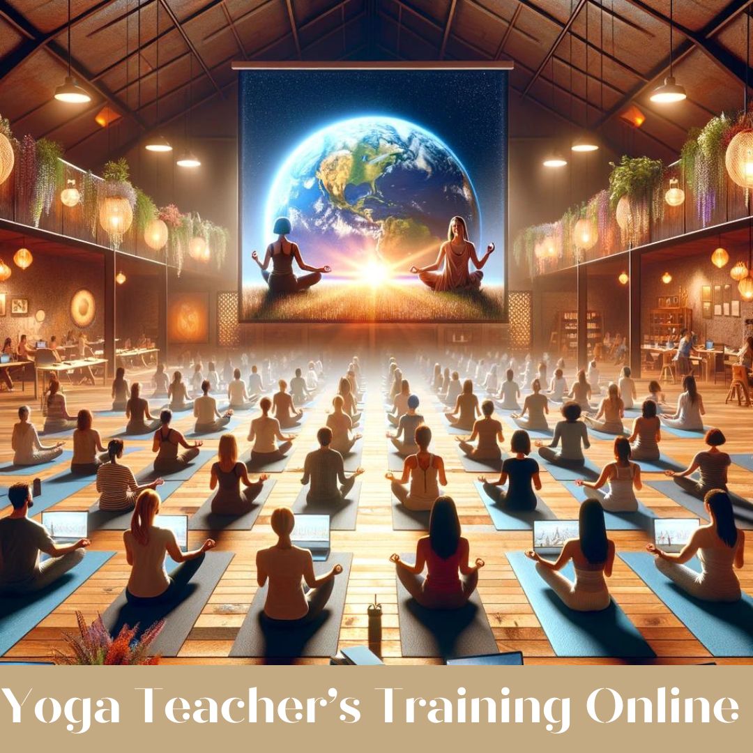 A serene online yoga classroom with students participating from around the world, illuminated by the soft glow of their screens in a tranquil setting, reflecting the global community and transformative spirit of becoming a yoga teacher.