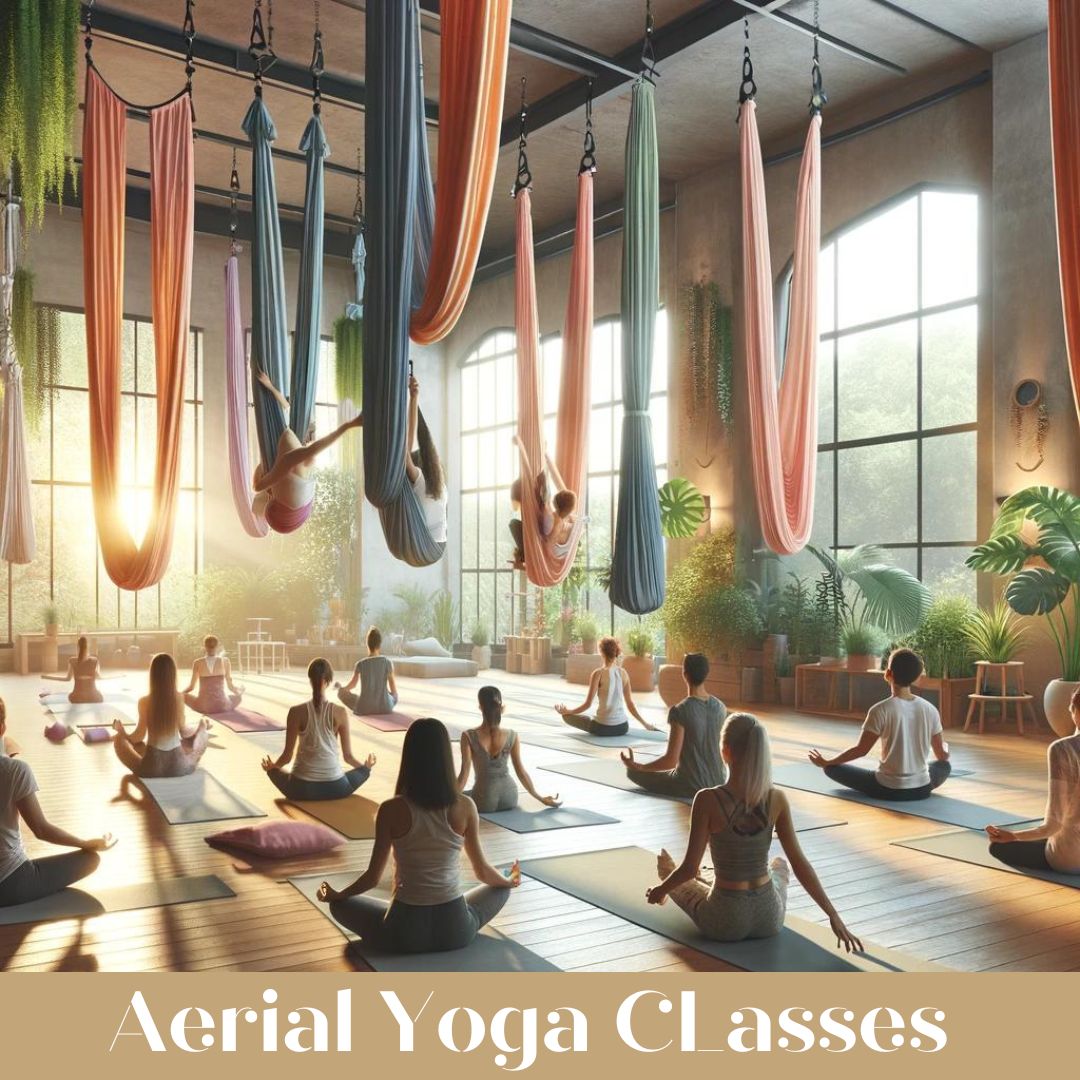 A serene yoga studio with natural light, featuring diverse individuals practicing aerial yoga with colorful silk hammocks, surrounded by indoor plants and overlooking a lush garden.