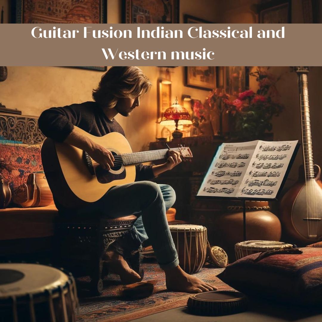 A warm and inviting guitar workshop scene featuring a musician playing an acoustic guitar. Traditional Indian musical instruments like a sitar and tabla are in the background, with sheet music featuring Indian classical raagas. The setting includes soft lighting, colorful cushions, and Indian artwork on the walls, creating a harmonious and culturally rich environment.
