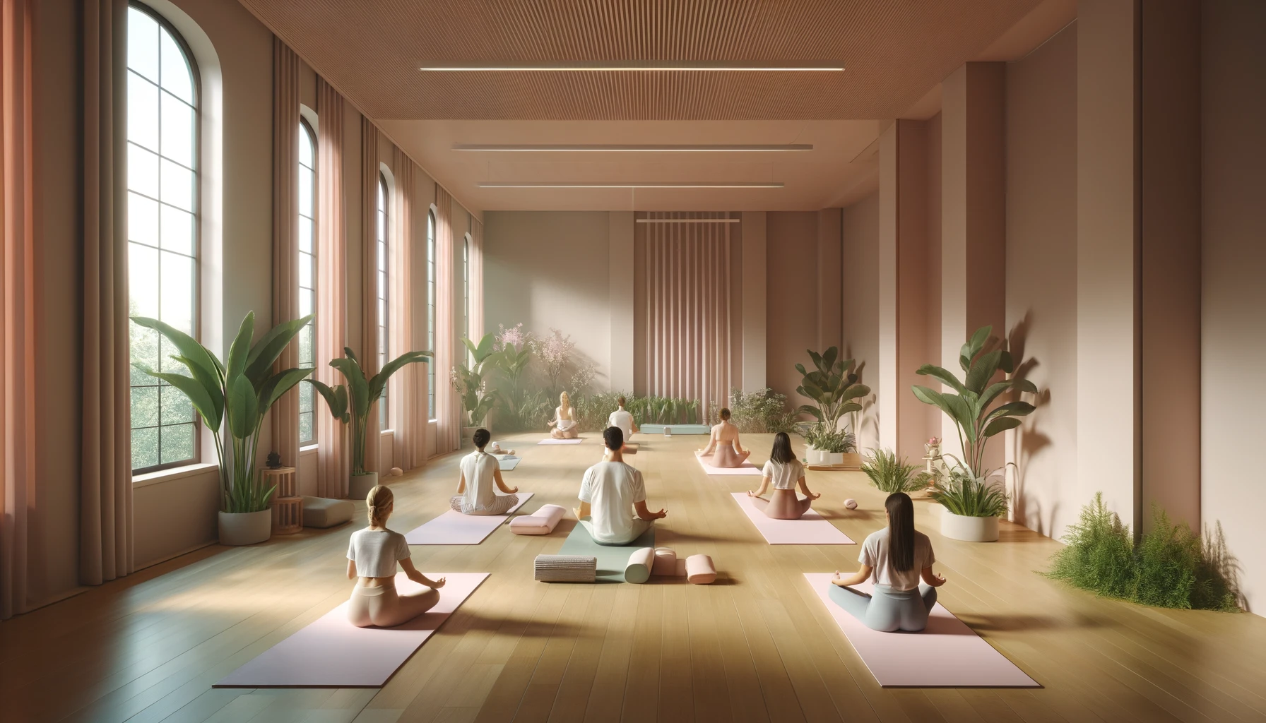 A tranquil yoga studio with walls painted in shades of pink, featuring large windows that allow natural light to illuminate the bamboo flooring. The room hosts a diverse group of individuals engaged in various yoga poses on pastel-colored mats, surrounded by lush green plants, creating a serene and focused environment.