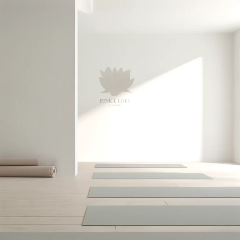 A minimalistic and serene yoga studio at Pink Lotus Academia with large windows allowing natural light to stream in. The studio has a few yoga mats neatly placed on a wooden floor, soft neutral colors dominate the scene, creating a calm and peaceful atmosphere. The background features a simple yet elegant wall decoration that reflects the essence of yoga and tranquility.