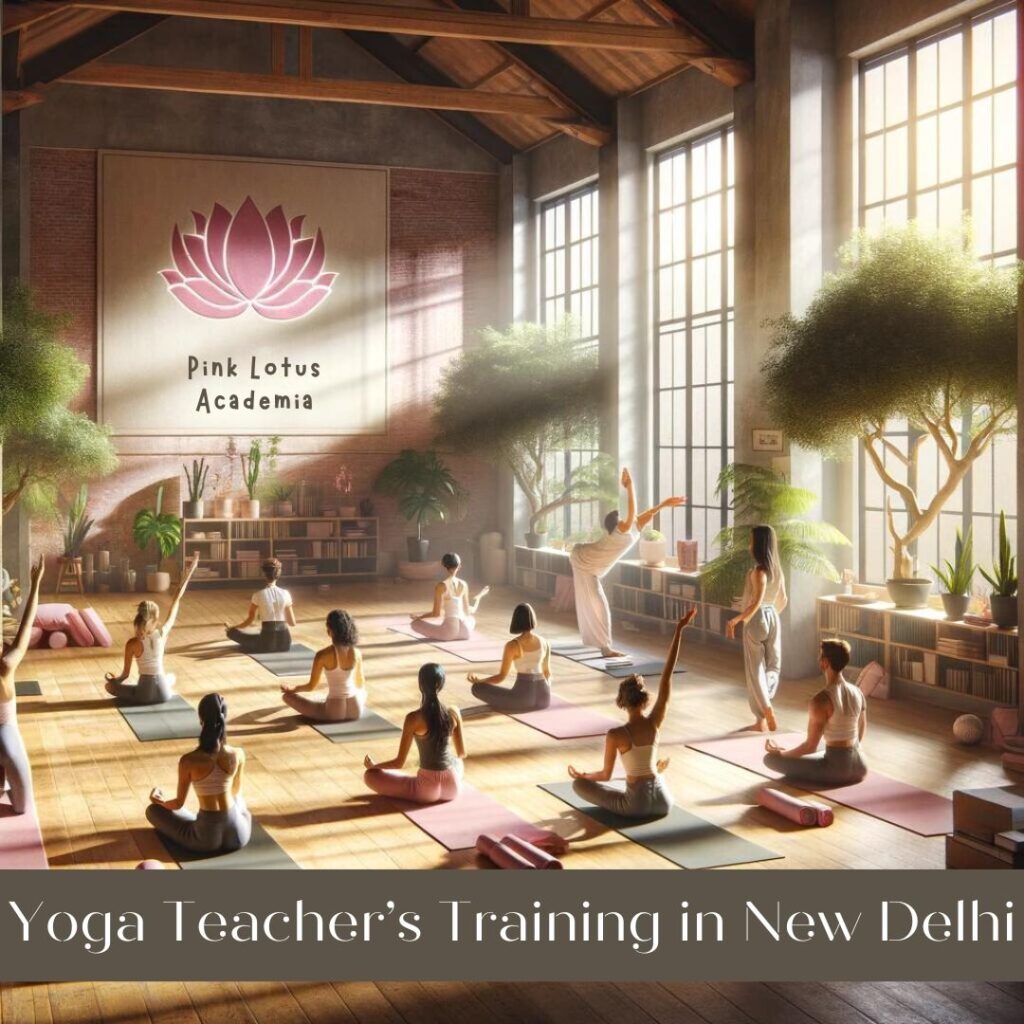 A serene yoga studio with natural light streaming through large windows. A diverse group of yoga students are in various poses, guided by a calm and knowledgeable instructor. The studio is decorated with plants, yoga mats, and props like blocks and straps. The atmosphere is peaceful and focused, reflecting the holistic and comprehensive approach of The Pink Lotus Academia. In the background, there is a logo of The Pink Lotus Academia on the wall, symbolizing the professionalism and expertise of the training program.