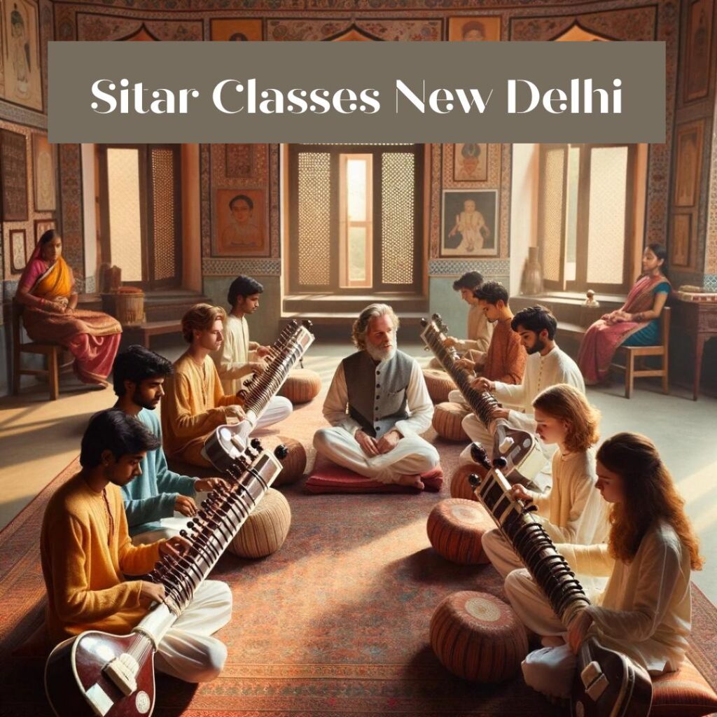 Classroom in New Delhi with students of various ages learning to play the sitar, seated on traditional Indian cushions under the guidance of a middle-aged teacher in traditional attire, in a culturally decorated, naturally lit room.
