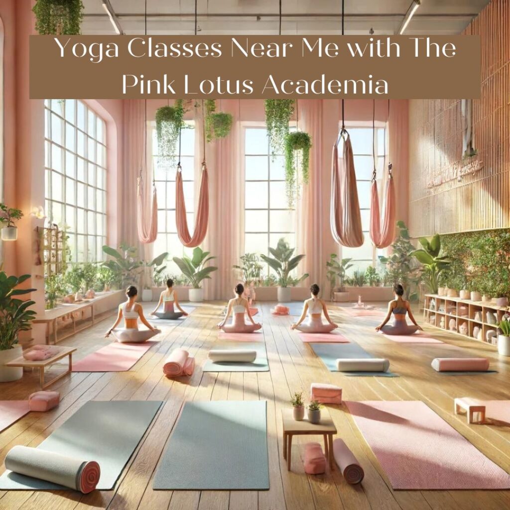 A serene yoga studio at The Pink Lotus Academia featuring spacious wooden floors, large windows with natural light, lush green plants, and neatly arranged yoga mats, blocks, and aerial yoga hammocks. Instructors and students are engaged in various yoga poses, creating a calm and inviting atmosphere that emphasizes wellness and mindfulness.