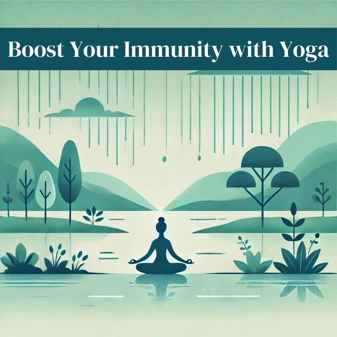 A serene and minimalistic illustration of a person practicing yoga in a peaceful monsoon setting, featuring gentle rain, lush greenery, and a calm, meditative atmosphere. The person is in Sukhasana (Easy Pose), embodying harmony and balance in nature, with soothing colors of soft blues, greens, and earthy tones reflecting tranquility and wellness.