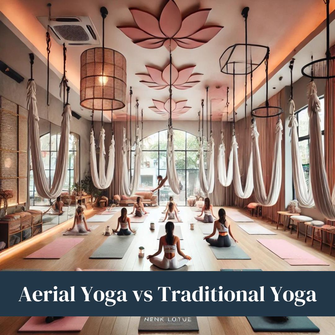 Serene yoga studio at The Pink Lotus Academia in New Delhi, with natural light, soothing colors, and minimalistic decor. Students practice both aerial yoga in hammocks and traditional yoga on mats, guided by an instructor.