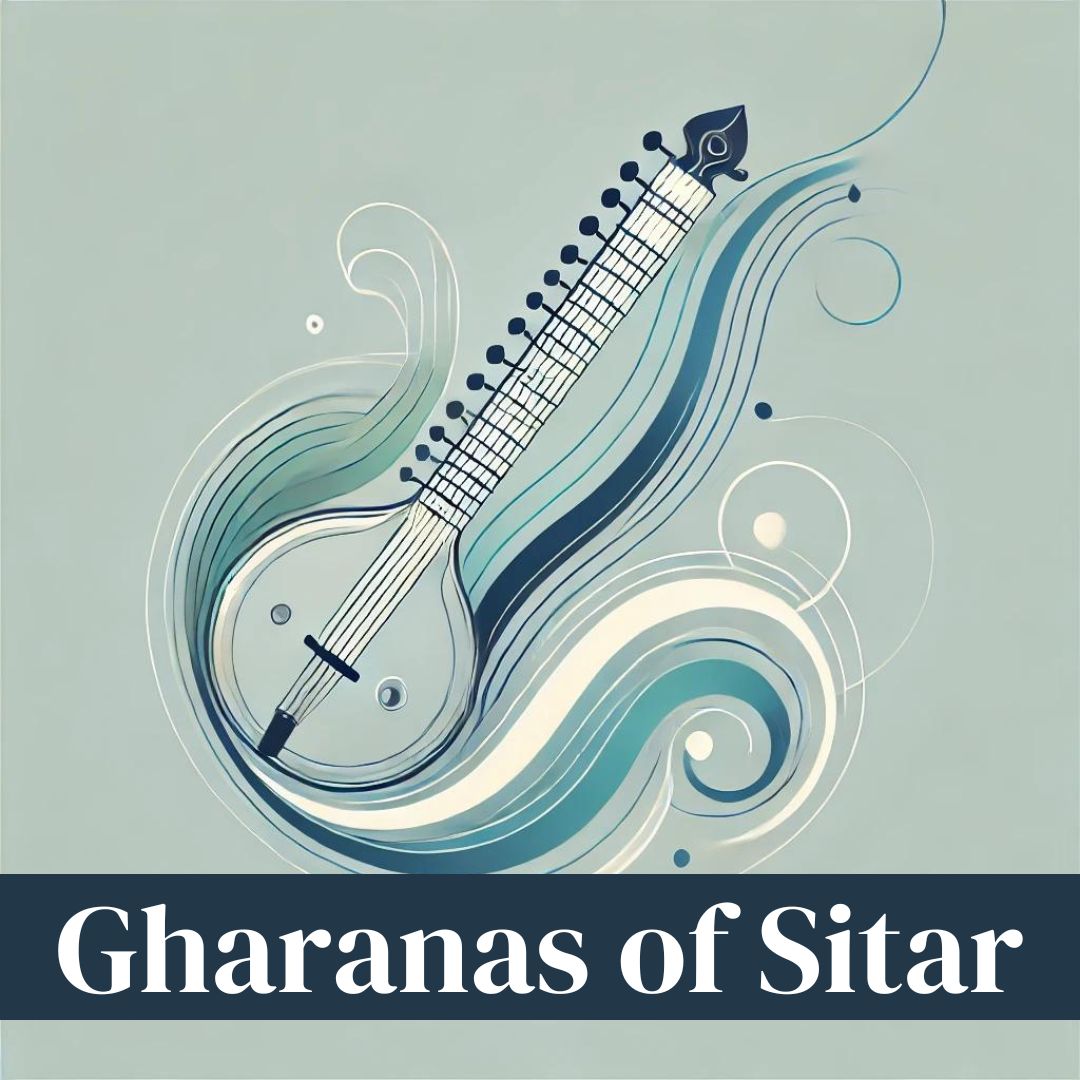 Abstract 3D representation of sitar music with flowing lines and shapes in soft blues, greens, and whites, capturing the essence of Indian classical music in a modern, artistic style.