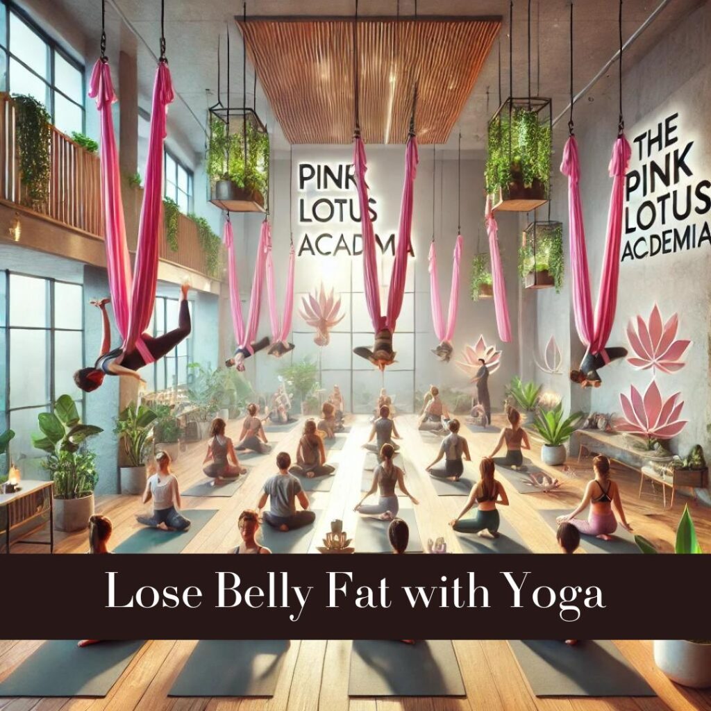 Modern aerial yoga studio with large windows, wooden floors, and green plants. People are practicing various aerial yoga poses using hammocks, guided by instructors. The ambiance is energetic yet calming. A banner in the background reads 'The Pink Lotus Academia' in stylish, minimalistic font.