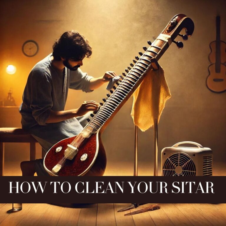 A musician carefully cleans a sitar with a soft cloth in a well-lit room during the monsoon season. The sitar is placed on a protective stand, and a dehumidifier is visible in the background, emphasizing proper care and attention to detail.