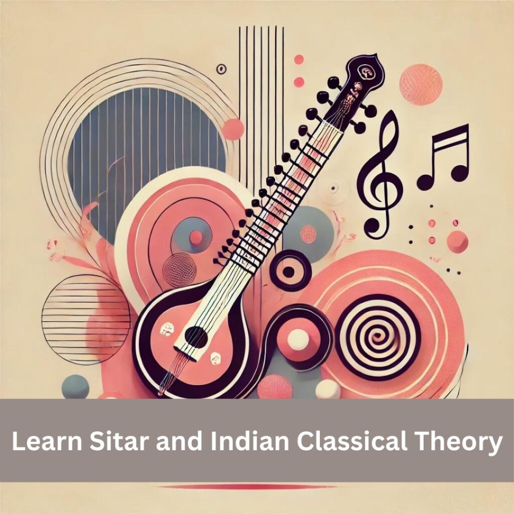 Abstract, aesthetic, and minimal image representing the learning of sitar and Indian classical music theory. The image uses soft, soothing colors with abstract shapes hinting at a sitar and musical notes, and fluid lines resembling traditional Indian designs. The overall design is elegant and modern.