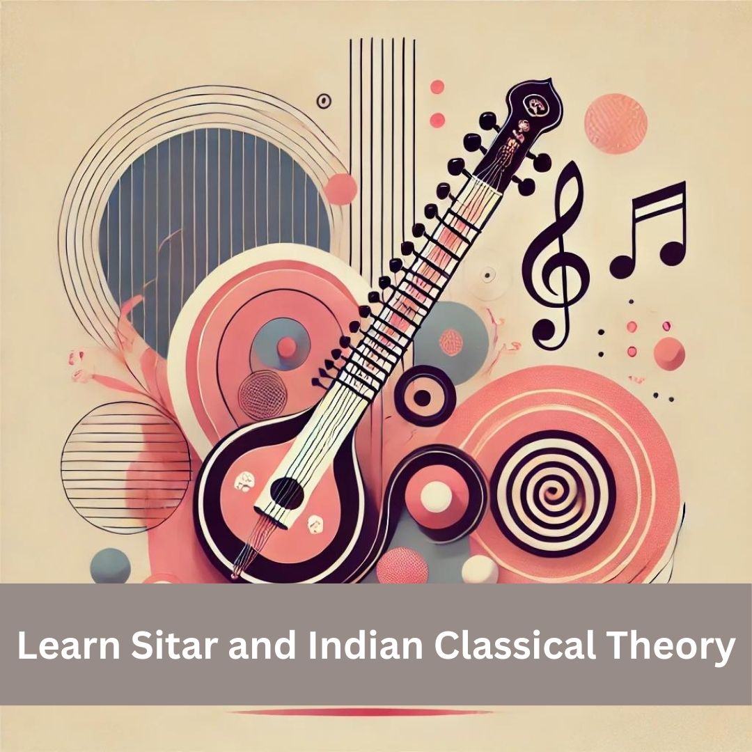 Abstract, aesthetic, and minimal image representing the learning of sitar and Indian classical music theory. The image uses soft, soothing colors with abstract shapes hinting at a sitar and musical notes, and fluid lines resembling traditional Indian designs. The overall design is elegant and modern.