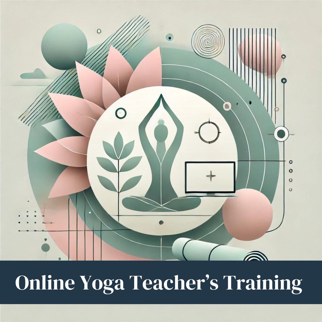 Abstract, minimalistic design for an article about Online Yoga Teacher's Training, featuring pastel pink and soft green colors, a yoga mat, a lotus flower, and a serene figure in a yoga pose, with clean lines and geometric shapes.