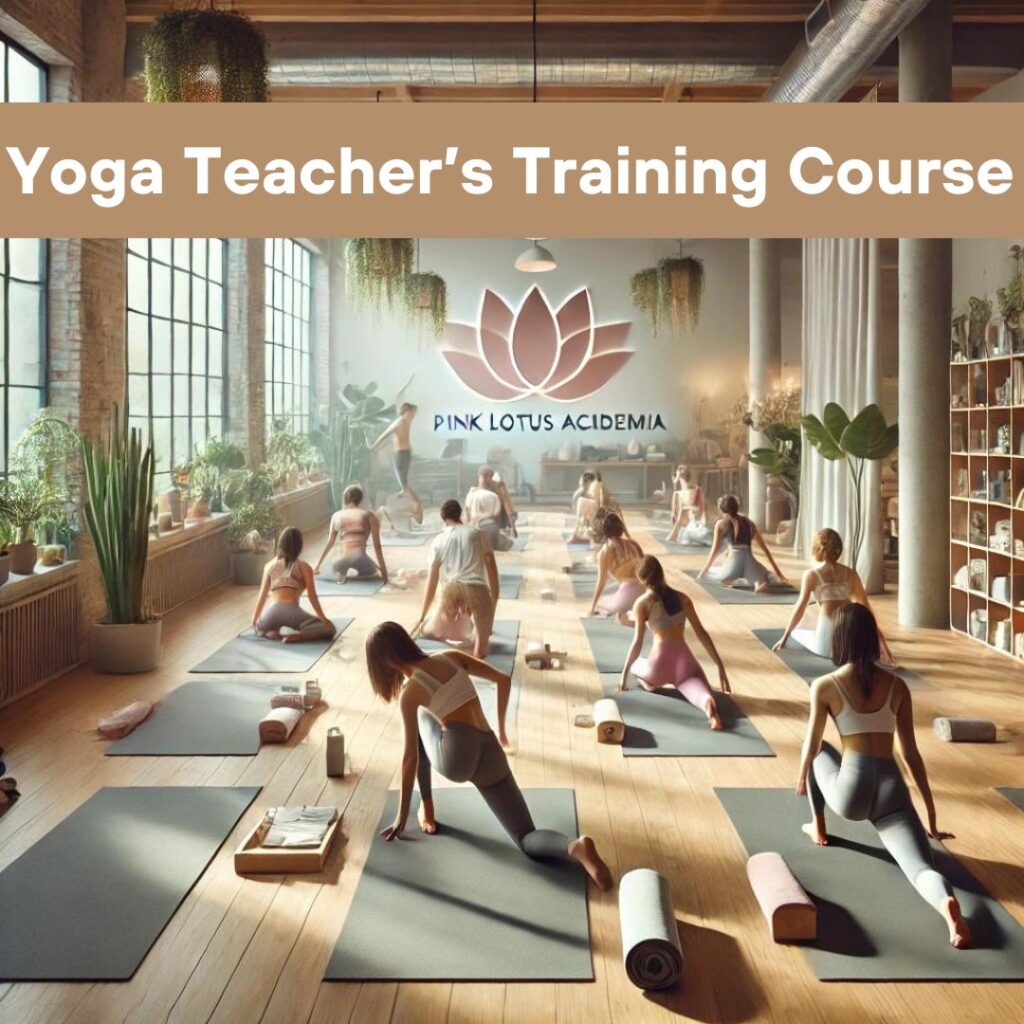 A serene yoga studio at The Pink Lotus Academia with natural light streaming through large windows, wooden floors, and minimalist decor. Yoga mats are neatly laid out, surrounded by props like blocks and straps. The tranquil ambiance is enhanced by indoor plants. A diverse group of individuals is practicing yoga under the guidance of an experienced instructor, who is demonstrating a pose while others follow along, creating a sense of harmony and focus.