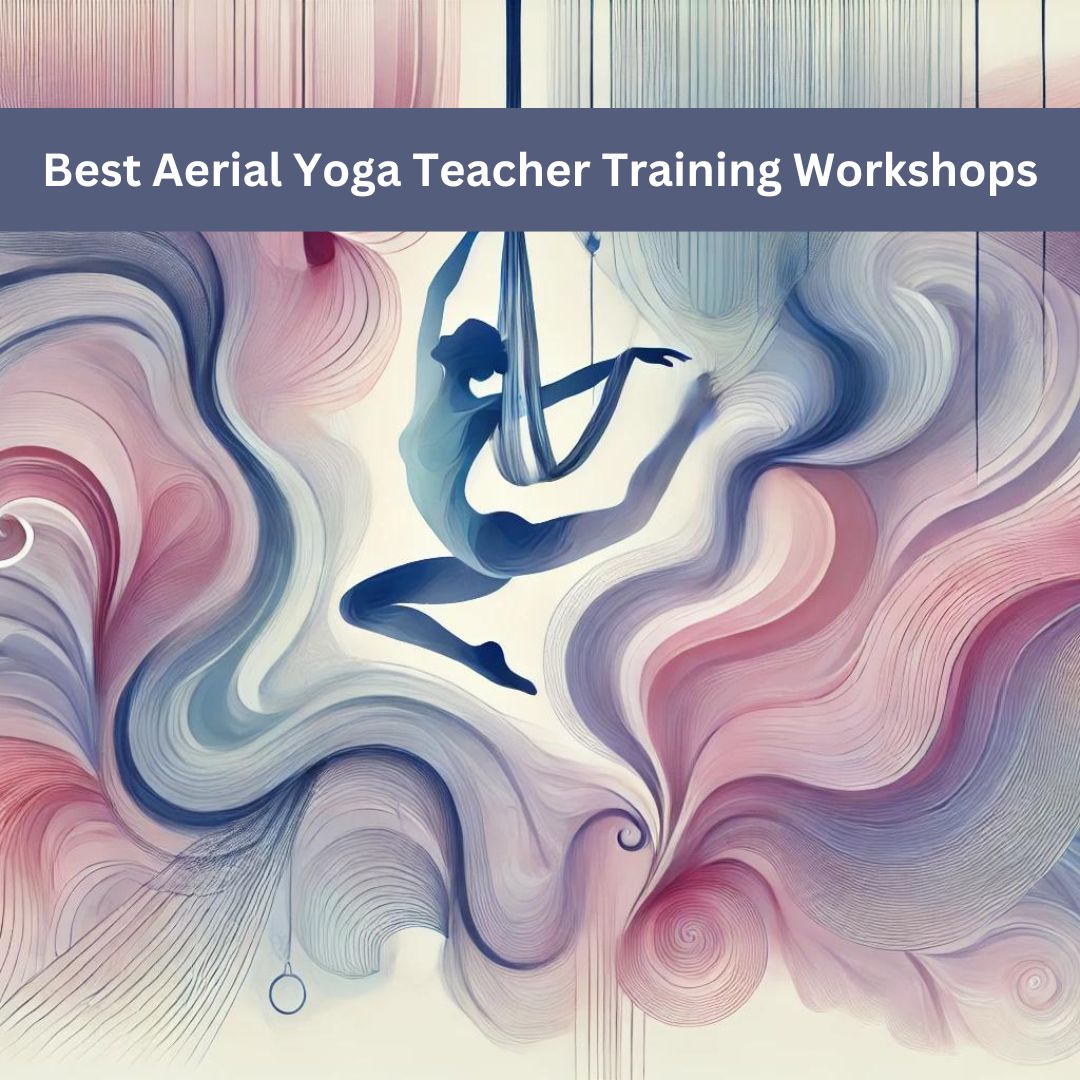 An abstract image in soft pastel colors, featuring flowing shapes and lines that evoke the feeling of weightlessness and tranquility. Elements suggestive of aerial hammocks and the graceful movements of yoga poses are blended into a harmonious and soothing composition.