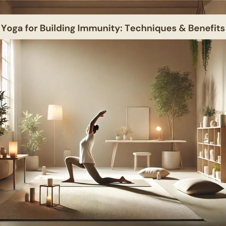 A serene indoor yoga scene with a person practicing a yoga pose in a calm, well-lit room. The room features minimalistic furniture, soft lighting, houseplants, and yoga mats, creating a tranquil and inviting atmosphere that highlights relaxation and balance