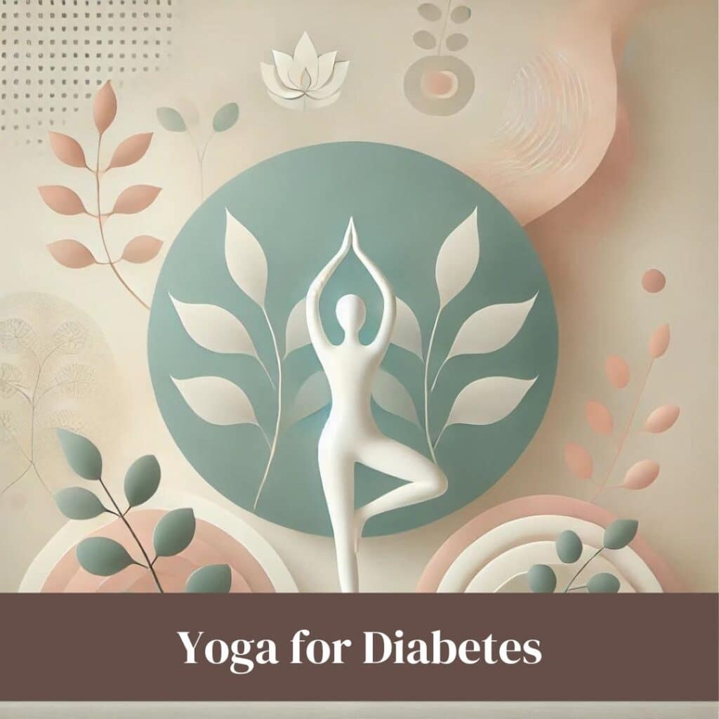 A minimalistic and aesthetic image depicting a person in a Tree Pose, surrounded by soft pastel colors and abstract representations of healthy living. The background is clean and light, evoking a sense of wellness, tranquility, and holistic health, aligned with the principles of yoga for diabetes management.