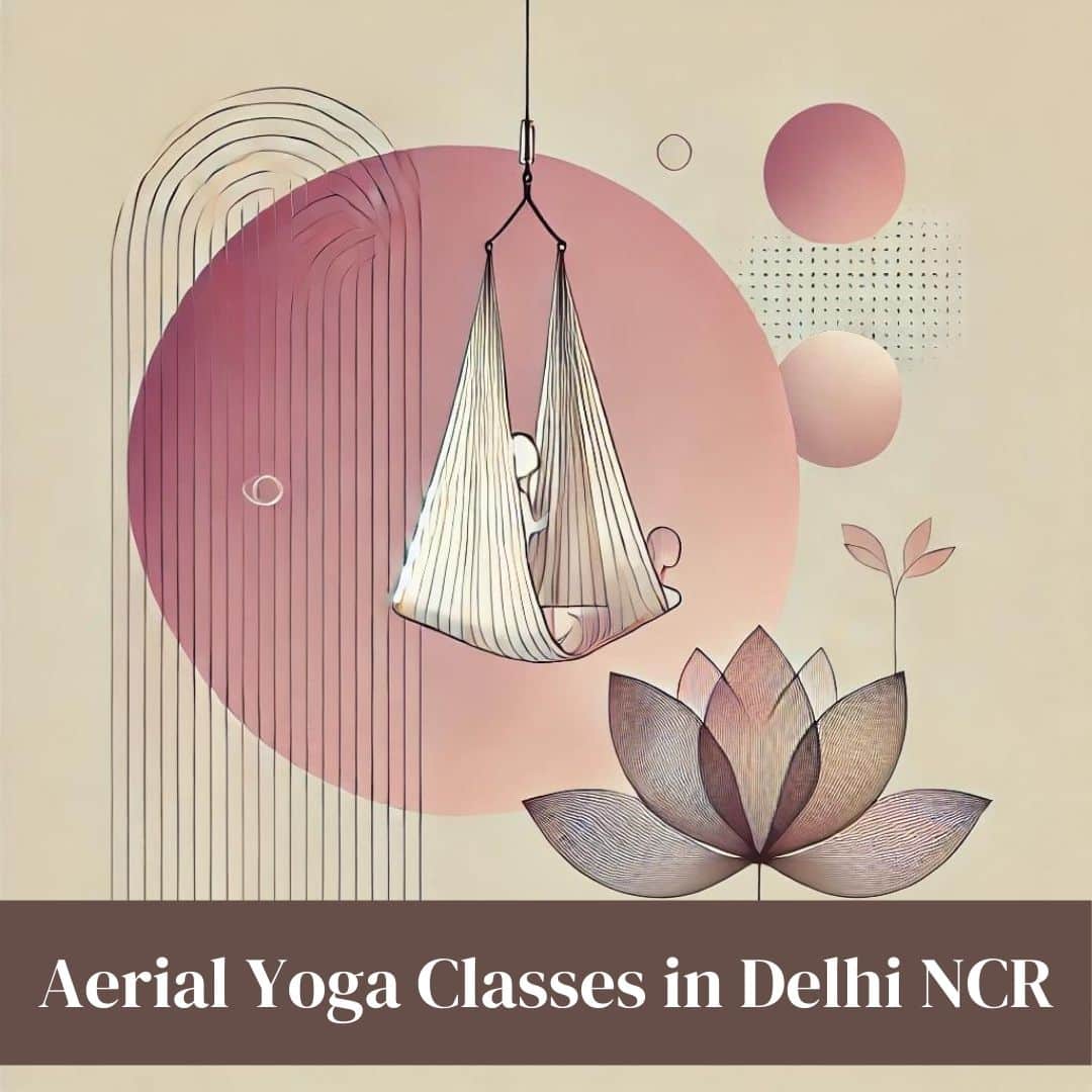 Abstract and minimal aesthetic representation of Aerial Yoga in Delhi NCR. The image features soft, flowing lines symbolizing a yoga hammock, suspended gracefully in mid-air with pastel shades of pink and lotus motifs. The design is set against a calming, minimal background, evoking a sense of balance, peace, and well-being, reflecting the essence of wellness and flexibility offered by The Pink Lotus Academia.