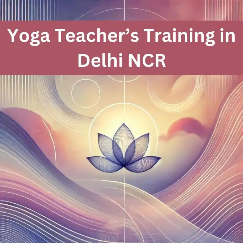 Abstract aesthetic image representing Yoga Teacher Training Course in Delhi NCR by The Pink Lotus Academia, featuring soft pastel colors, lotus flower, and symbolic yoga postures, evoking serenity, balance, and holistic growth