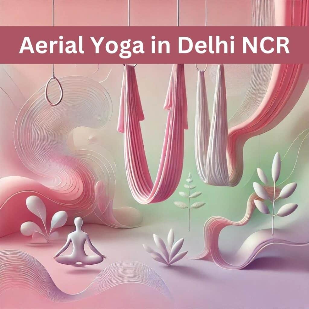 Abstract and aesthetic representation of an aerial yoga studio, featuring soft, flowing lines and curves that evoke the motion of suspended yoga hammocks. The image is filled with a pastel palette of pinks, lavenders, and soft greens, creating a calming gradient background. Fluid and organic shapes suggest a sense of serenity and balance, with hints of plant-like forms and gentle waves, reflecting the peaceful and meditative nature of yoga