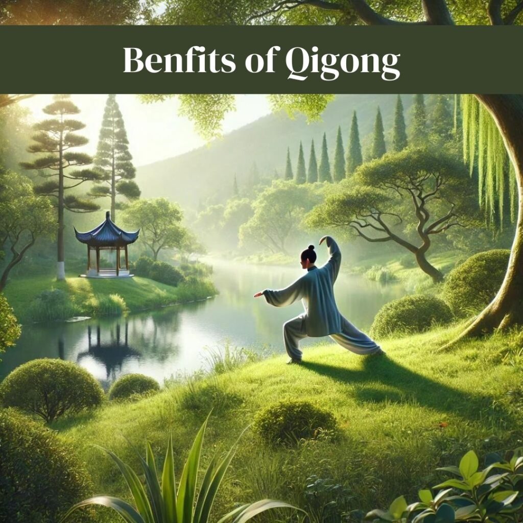 A serene outdoor setting with a person practicing Qigong in a lush green park. The individual is performing a graceful, flowing movement near a tranquil lake, surrounded by trees with soft sunlight filtering through. The scene evokes a sense of peace, balance, and connection with nature.