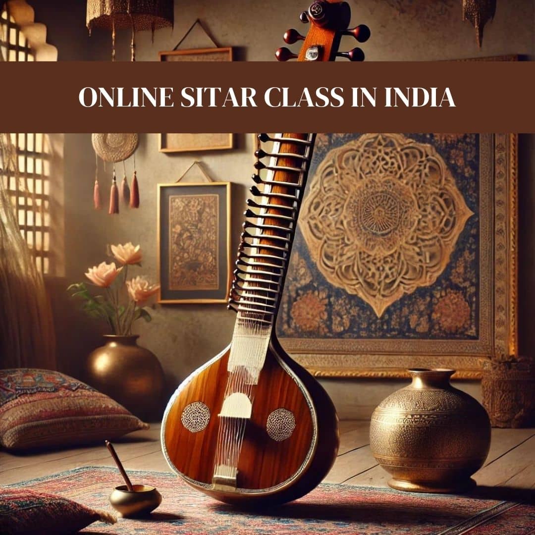 A beautifully crafted sitar placed in a traditional Indian setting, featuring a patterned carpet and intricate wall hangings. The sitar, with detailed woodwork and gleaming strings, is illuminated by soft, ambient lighting, creating a serene and inviting atmosphere.