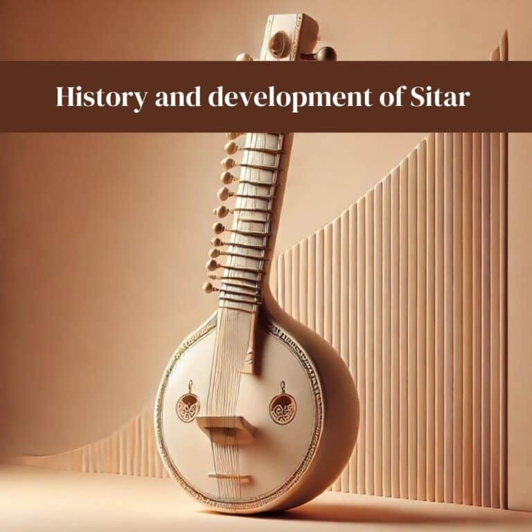 A 3D aesthetic minimal image of a traditional Indian sitar, showcasing its elegant design and intricate craftsmanship. The sitar is displayed against a clean, simple background with soft lighting, highlighting the instrument's curves, strings, and tuning pegs. The image has a modern, minimalistic feel, suitable for a music-focused article on the history and development of the sitar.
