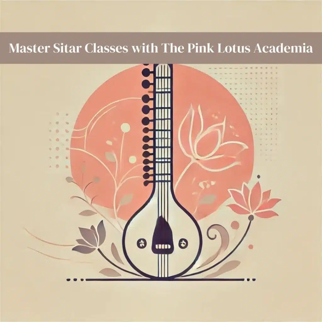 Minimalistic illustration of a Sitar with subtle floral elements and traditional Indian motifs on a soft, clean background, reflecting the cultural significance of the Sitar and the aesthetic of The Pink Lotus Academia.