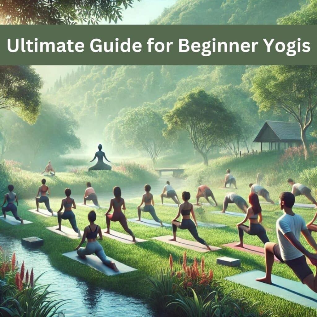 A serene yoga scene with a diverse group of beginner yogis practicing various foundational poses in a peaceful, natural setting with lush greenery and a gentle stream in the background. Soft sunlight filters through the trees, creating a calm and focused atmosphere.