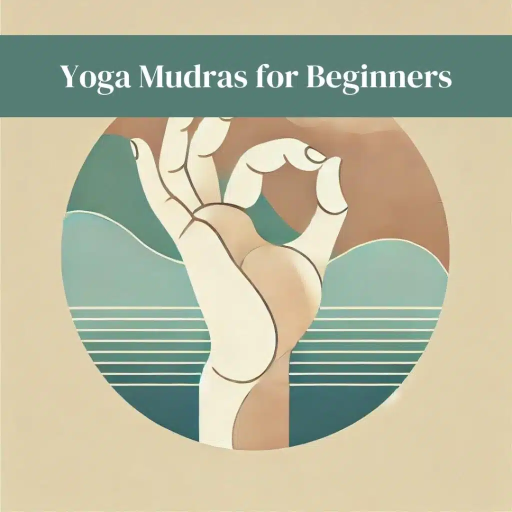 Minimalistic illustration of a hand in a yoga mudra gesture, set against a soft, calming background of light blue, green, and beige hues. The image conveys a serene and meditative atmosphere, reflecting the peaceful nature of yoga practices.