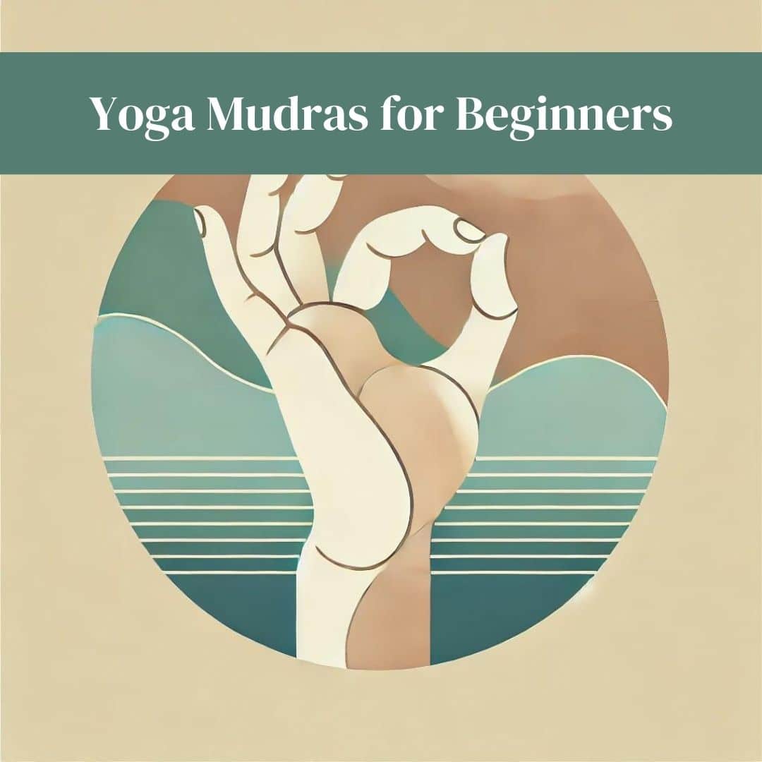 Minimalistic illustration of a hand in a yoga mudra gesture, set against a soft, calming background of light blue, green, and beige hues. The image conveys a serene and meditative atmosphere, reflecting the peaceful nature of yoga practices.