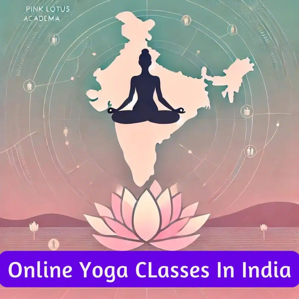 "Minimalistic illustration representing online yoga classes across India by The Pink Lotus Academia. The image features a silhouette of a person in a balanced yoga pose, centered on a soft gradient background with pastel shades of pink. Lotus petals are subtly integrated into the design, and faint map markers are scattered across a stylized outline of India, symbolizing the pan-India reach of the classes. The text 'The Pink Lotus Academia' is written elegantly at the bottom in a modern, minimalistic font