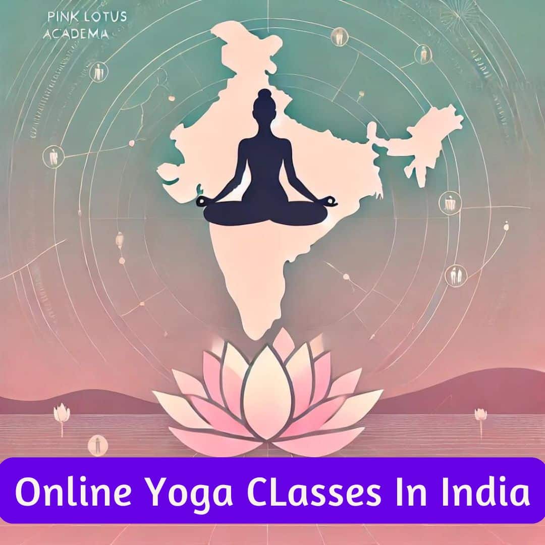 "Minimalistic illustration representing online yoga classes across India by The Pink Lotus Academia. The image features a silhouette of a person in a balanced yoga pose, centered on a soft gradient background with pastel shades of pink. Lotus petals are subtly integrated into the design, and faint map markers are scattered across a stylized outline of India, symbolizing the pan-India reach of the classes. The text 'The Pink Lotus Academia' is written elegantly at the bottom in a modern, minimalistic font