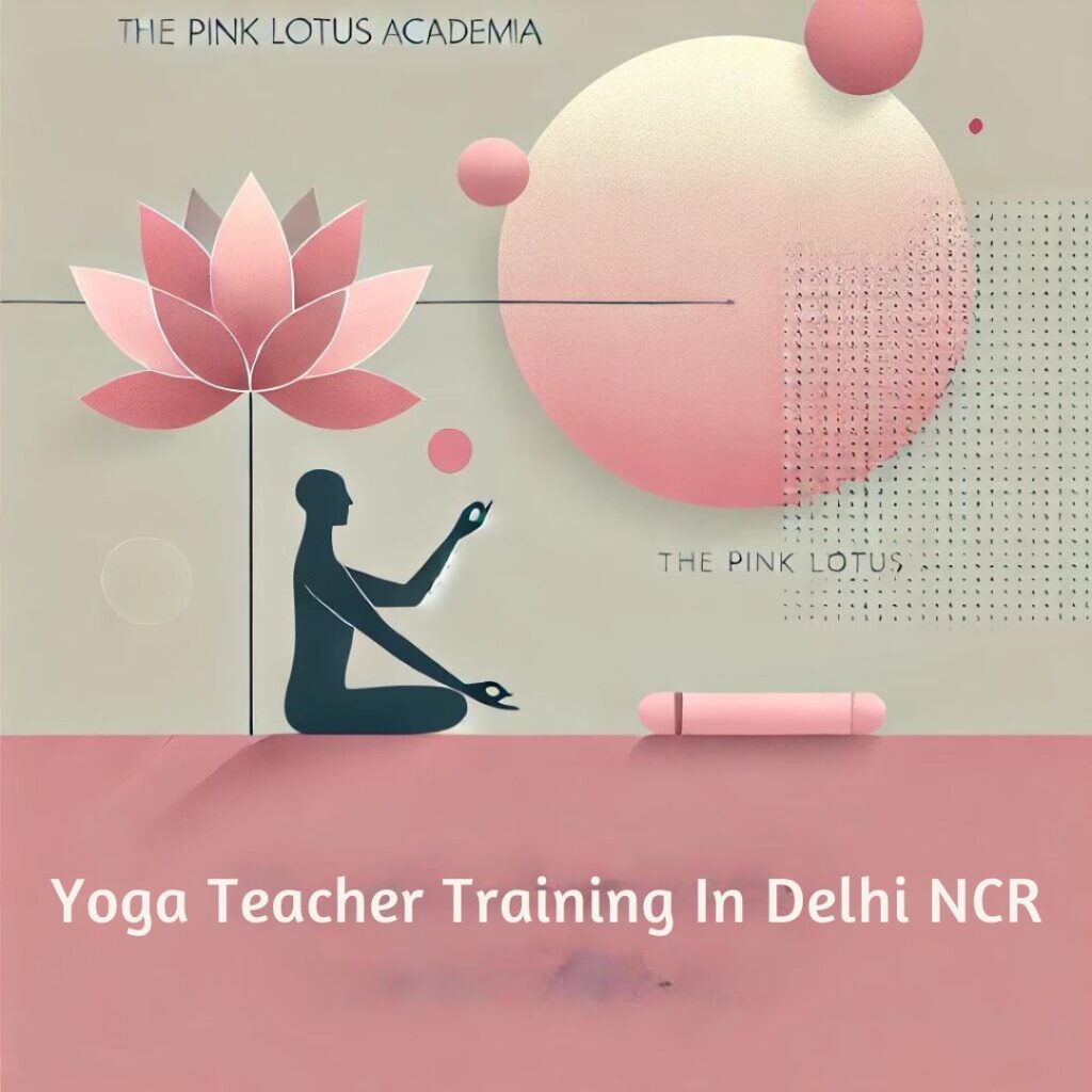 Minimalistic design featuring a soft pastel background with subtle elements such as a yoga mat, a lotus flower, and a silhouette of a person in a meditative yoga pose. The text 'Yoga Teacher Training in Delhi NCR' is elegantly placed, evoking a sense of calmness, focus, and professionalism.