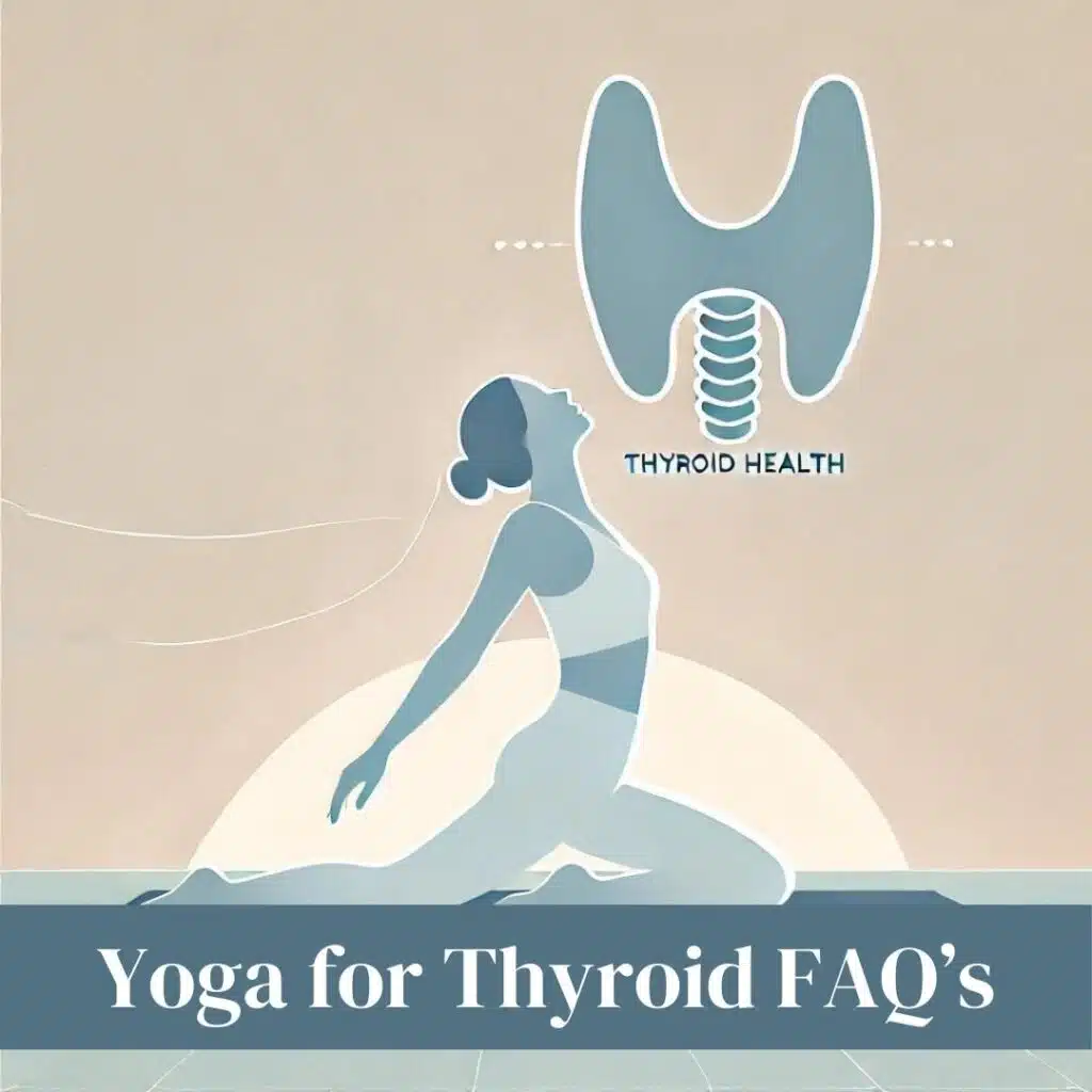 Minimalistic illustration of a person performing the Shoulder Stand (Sarvangasana) yoga pose, with a focus on the neck area, symbolizing thyroid health. The background is in soft pastel tones, with a subtle, stylized thyroid gland symbol integrated near the neck, representing the connection between yoga and thyroid wellness