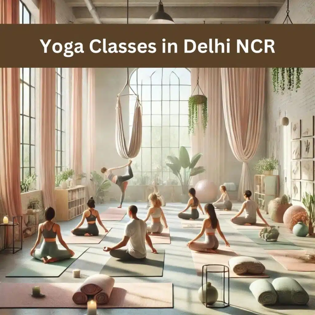 Image of a peaceful yoga studio with soft pastel-colored walls and natural light streaming in. The studio features minimalistic decor with green plants, yoga mats, and aerial hammocks. A diverse group of individuals is seen practicing various yoga poses, including Hatha, Vinyasa, and Aerial Yoga, creating a serene and welcoming atmosphere.