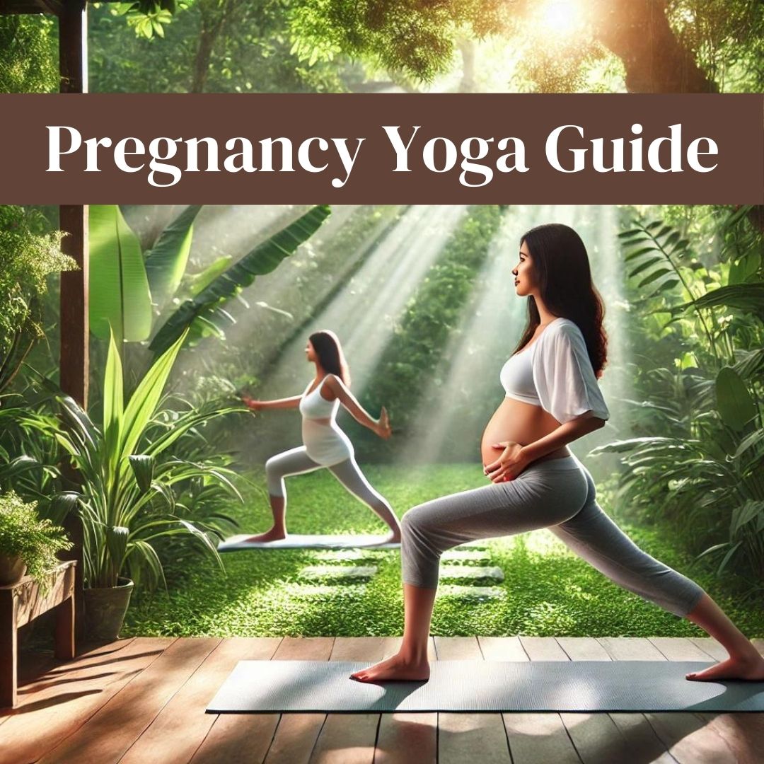 Pregnant woman practicing yoga in a peaceful natural environment, performing a yoga pose on a mat surrounded by lush greenery and soft sunlight. She is wearing comfortable, maternity-friendly yoga attire, exuding tranquility and well-being.