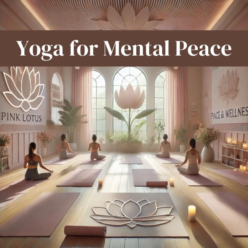 A serene yoga studio at The Pink Lotus Academia with a tranquil ambiance. The room features large windows allowing natural light to flood in, with calming colors of soft pinks and whites. Yoga mats are neatly arranged, and individuals are practicing yoga poses such as Tree Pose and Lotus Pose. The background includes a wall with inspirational quotes about peace and wellness, and a small altar with candles and flowers, enhancing the peaceful atmosphere.