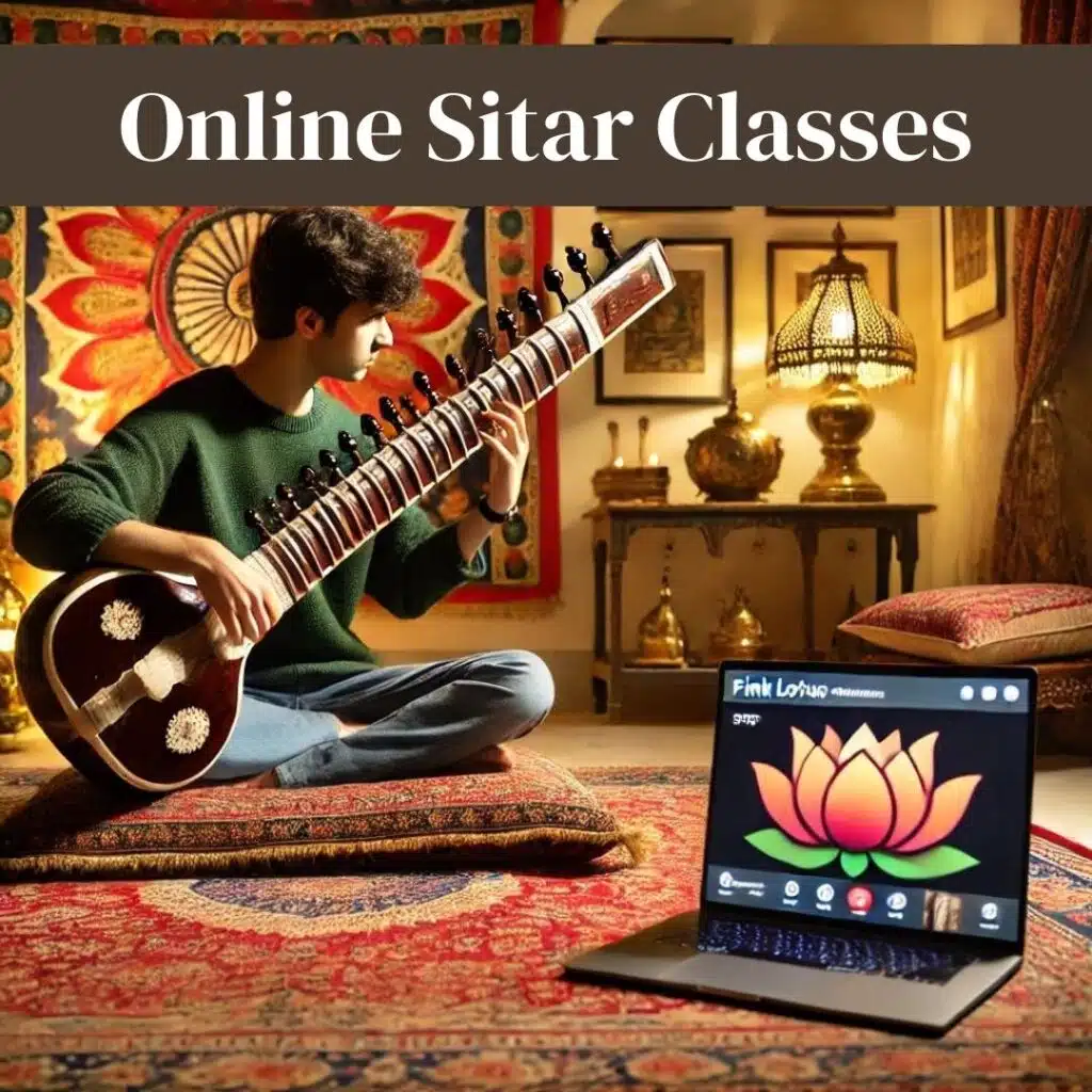 Student sitting cross-legged on a traditional Indian rug, playing the sitar while attending an online class from The Pink Lotus Academia. The room has warm lighting and Indian décor, including colorful tapestries and brass lamps, creating a peaceful learning environment.