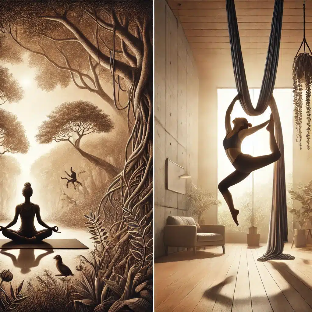 Comparison of Yoga and Aerial Yoga. On the left, a person practices traditional Yoga on a mat outdoors, surrounded by greenery and sunlight, embodying the grounded and spiritual essence of Yoga. On the right, a person gracefully performs Aerial Yoga in a modern studio, suspended in mid-air using a silk hammock, symbolizing balance, strength, and the innovative aspect of Aerial Yoga.