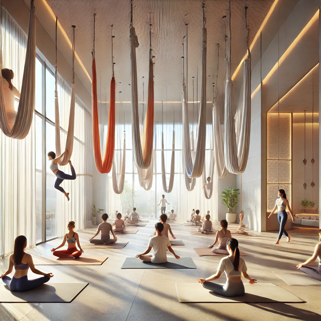 A spacious and modern aerial yoga studio in New Delhi with silk hammocks hanging from the ceiling. International students are practicing aerial yoga, guided by instructors, in a serene environment filled with natural light. The studio has minimalist decor, soft pastel colors, and traditional Indian elements, creating a harmonious blend of modern wellness and cultural heritage.