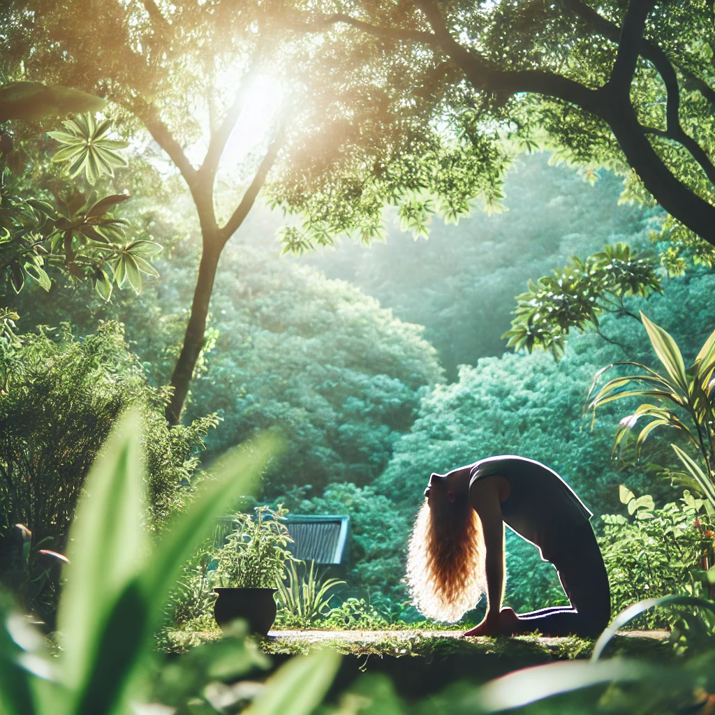 A person practicing yoga in a serene outdoor environment, performing the downward-facing dog pose (Adho Mukha Svanasana). Their long hair flows naturally, symbolizing relaxation and the promotion of hair growth. The surrounding lush greenery and soft sunlight filtering through trees enhance the feeling of natural wellness and tranquility, highlighting the connection between yoga, stress relief, and improved hair health.