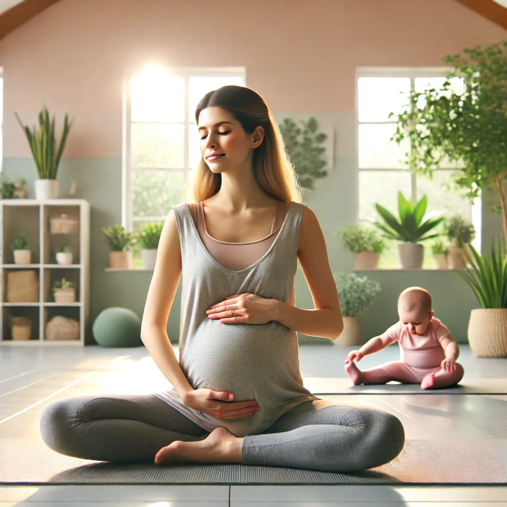 A serene yoga studio with soft natural lighting features a pregnant woman practicing prenatal yoga in a seated, cross-legged position. She is gently holding her belly with a calm expression. In the background, a new mother with her baby performs postnatal yoga, engaging in gentle stretches. The environment is peaceful, with minimalistic decor, green plants, and pastel-colored walls, offering a nurturing and supportive atmosphere.