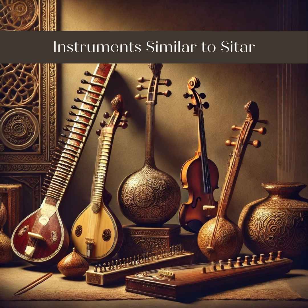 A serene and detailed composition featuring Indian classical instruments such as the sitar, Rudra Veena, Saraswati Veena, Surbahar, and Esraj, elegantly arranged in a traditional Indian setting. The instruments are highlighted with warm lighting, showcasing their intricate designs and textures, evoking the calm and reflective nature of Indian classical music.