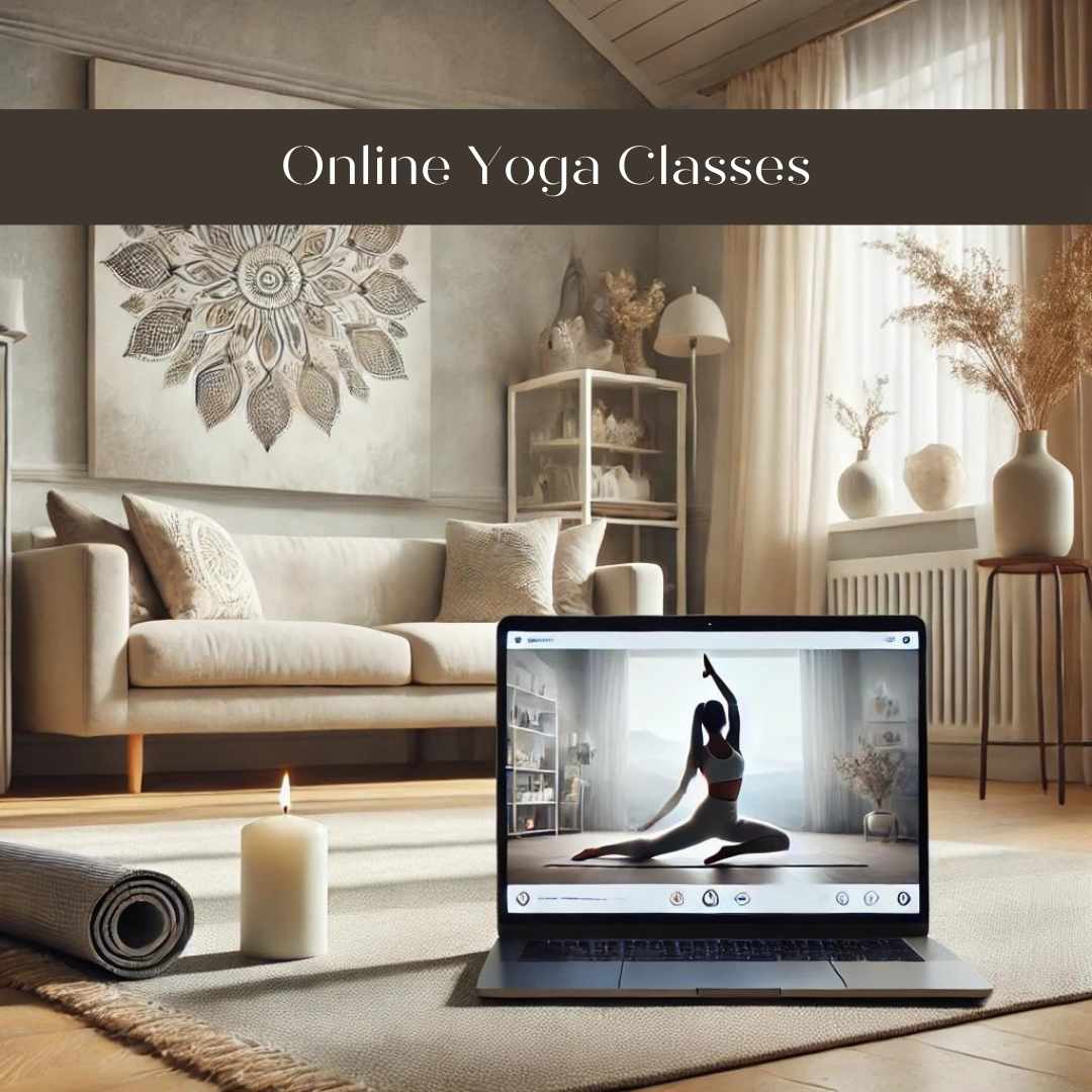 A serene home yoga setup with a person practicing yoga on a mat, following an online yoga class displayed on a laptop. The scene is set in a bright, minimalist living room with soft natural lighting, neutral tones, and calming decor, creating a peaceful and focused atmosphere for the yoga session. The laptop shows a live-streamed yoga class, emphasizing the virtual connection and high-quality audio-video experience of The Pink Lotus Academia's online yoga classes.