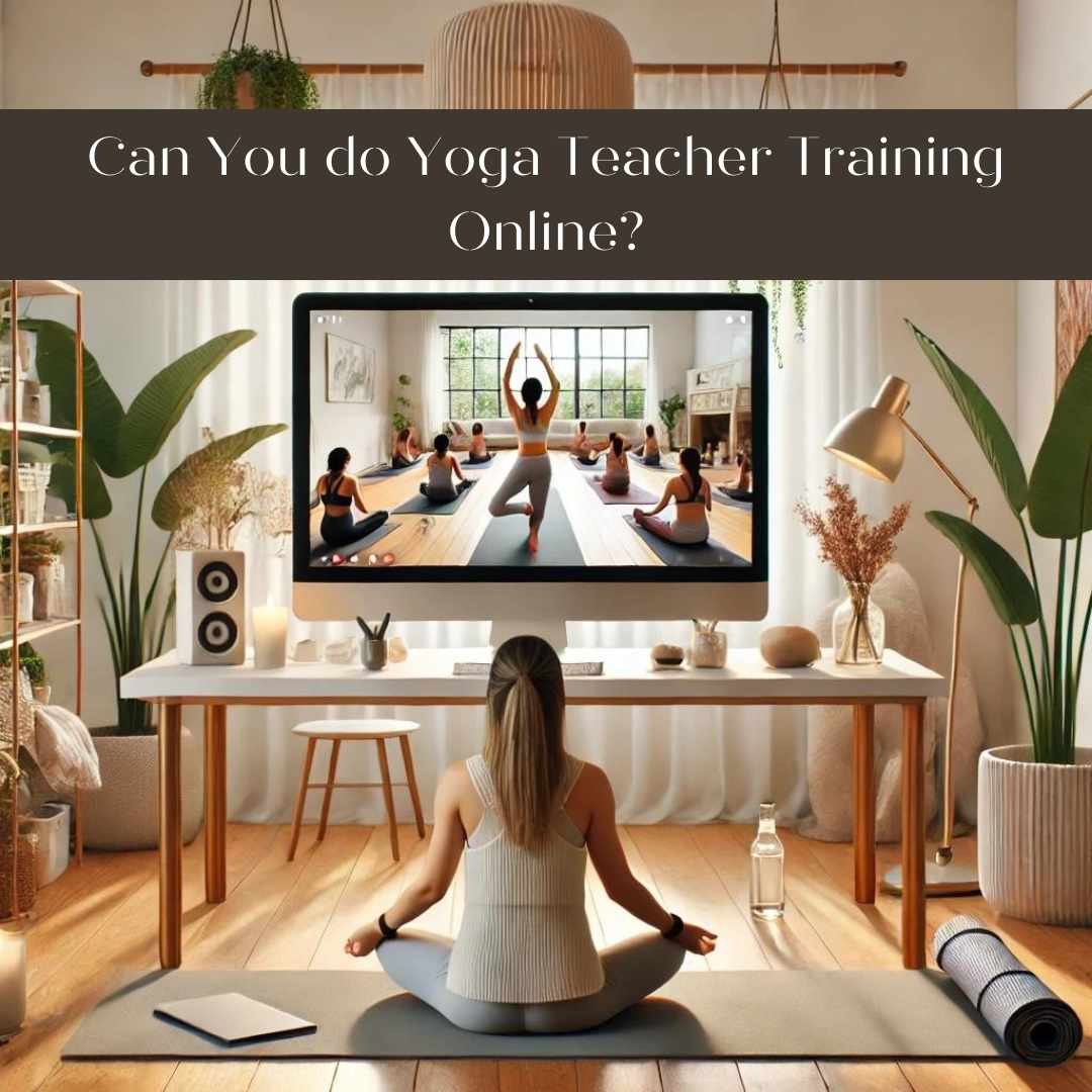 A serene scene of an online yoga teacher training session. A yoga instructor on a computer screen is guiding students through yoga poses in a professional video setup with clear lighting. A student in a calm home environment is following along, surrounded by yoga mats, plants, and minimalist decor. The image conveys a peaceful and focused atmosphere, reflecting global accessibility for students in France and the UK.