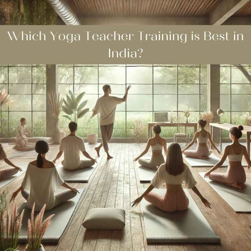 A serene yoga teacher training session in an open-air studio with natural light streaming through large windows. Students practice yoga postures on mats while an instructor guides them, all set against a backdrop of lush greenery. The peaceful atmosphere reflects holistic growth, aligning with The Pink Lotus Academia’s yoga education approach.