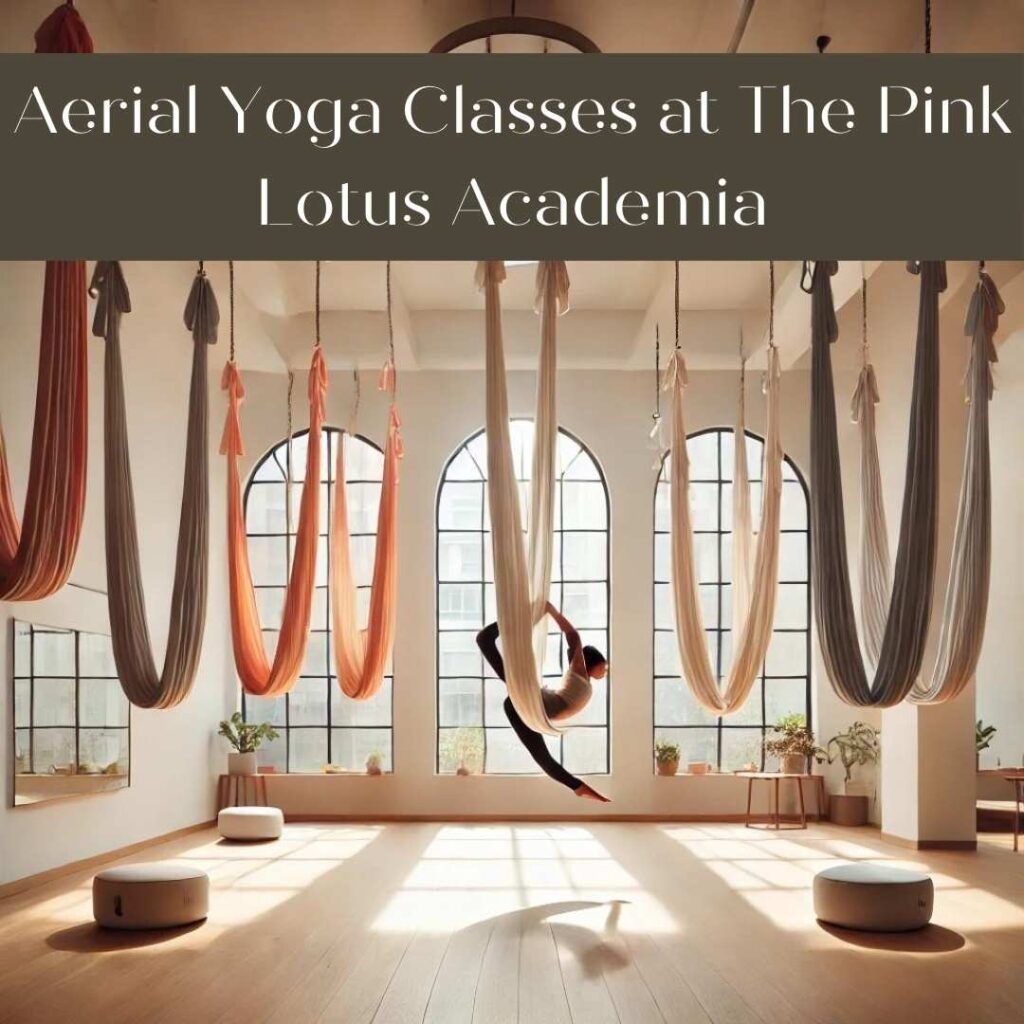 A serene aerial yoga studio in Delhi with silk hammocks suspended from the ceiling. A person gracefully balances in a yoga pose while supported by the hammock, creating a calm and peaceful atmosphere within the spacious and modern wellness facility.