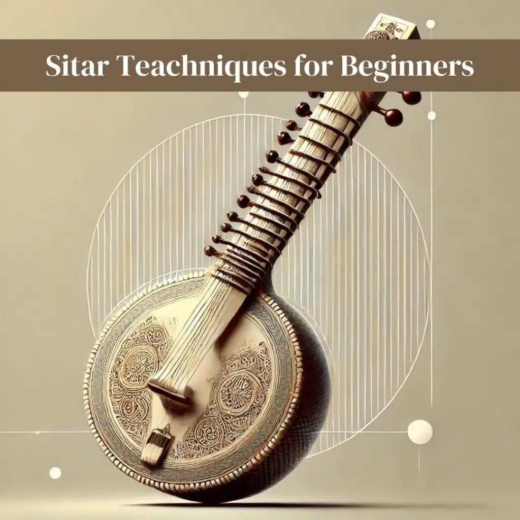 A detailed illustration of a sitar with key components such as the resonating body (tumba), neck (dandi), frets, and strings, shown from a side view. The sitar's decorative patterns are highlighted, with a minimalistic background and soft lighting that evokes the classical Indian music atmosphere.