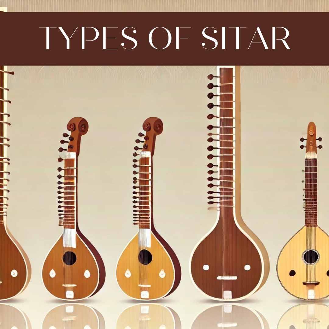 An illustration showcasing various types of sitars, including the Kharaj Pancham, Gandhar Pancham, Ravi Shankar, and Vilayat Khan style sitars. The sitars are displayed with attention to their unique designs, string arrangements, and tonewood craftsmanship, set against a simple and modern background that highlights their traditional elegance.